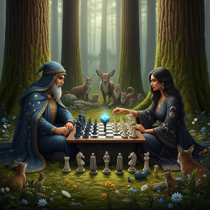 Wizard vs. Witch Chess Battle in Enchanted Forest Wizard vs. Witch Chess Battle in Enchanted Forest