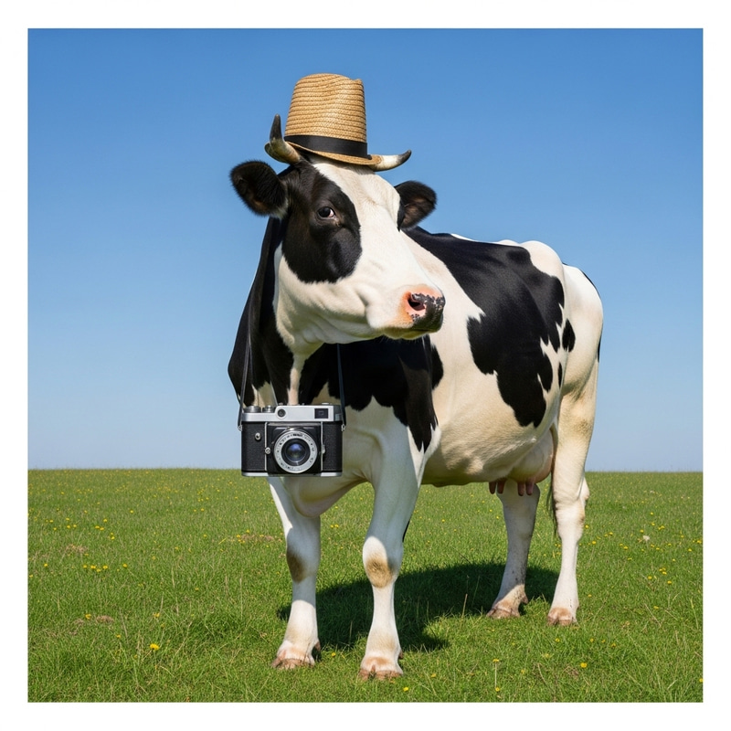 Cow with Camera Captured in Meadow
