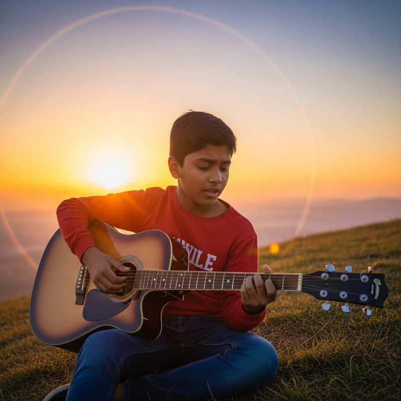 Enthusiastic Boy Playing Guitar at Sunset