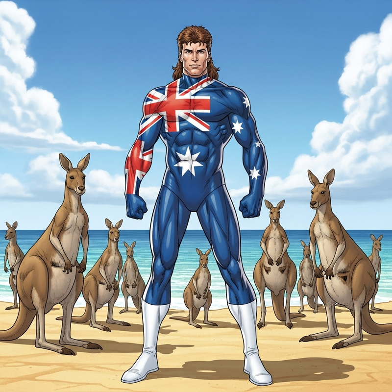 Strong Australian Superhero: Mullet, Kangaroo Army & Beach Fun Strong Australian Superhero: Mullet, Kangaroo Army & Beach Fun