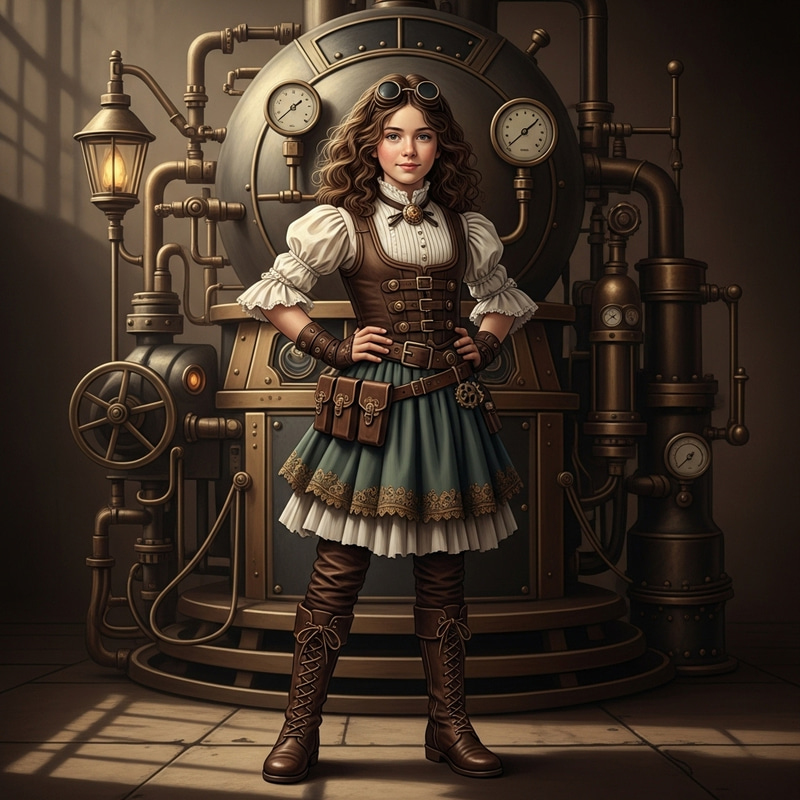 Young Steampunk Girl with Magnificent Machine - Adventure Scene Young Steampunk Girl with Magnificent Machine - Adventure Scene