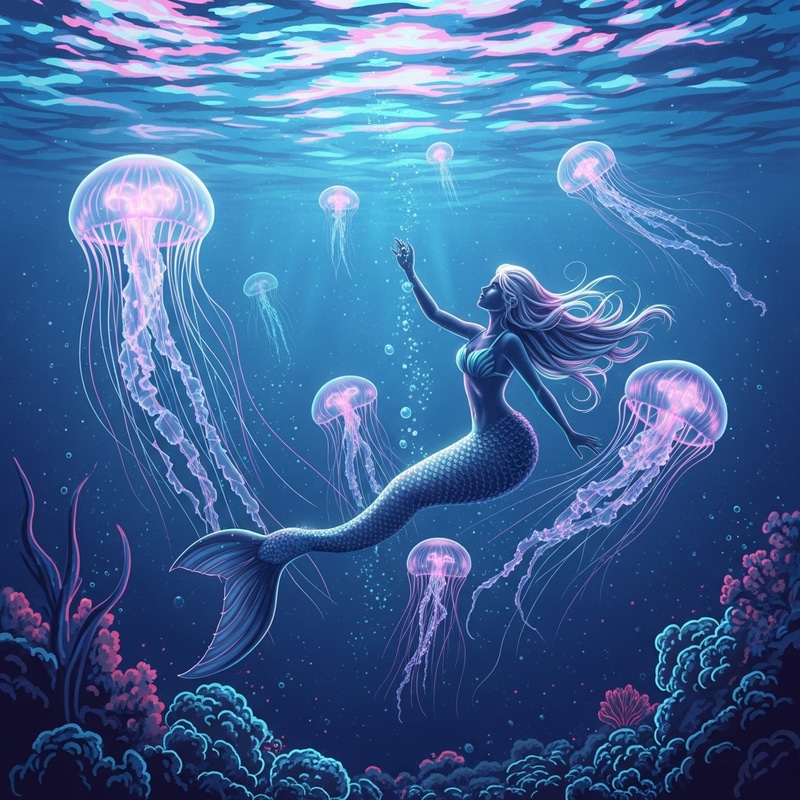 Vibrant Underwater Scene with Floating Jellyfish and Mermaid Vibrant Underwater Scene with Floating Jellyfish and Mermaid