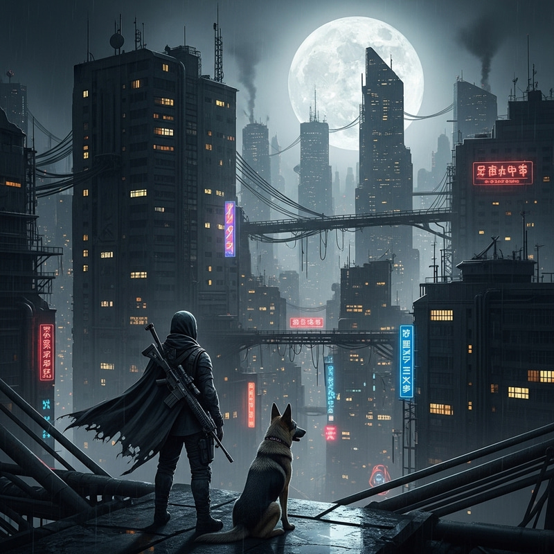 Dystopian City Hunter at Night with Rifle and Dog Dystopian City Hunter at Night with Rifle and Dog