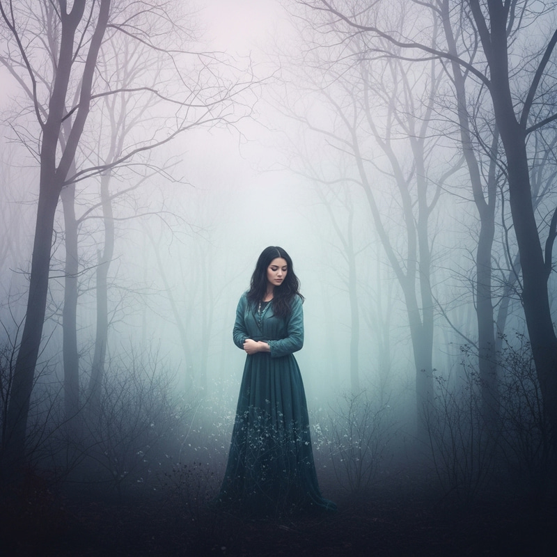 Mysterious Woman in Ethereal Foggy Forest | Mystical Dreamlike Painting