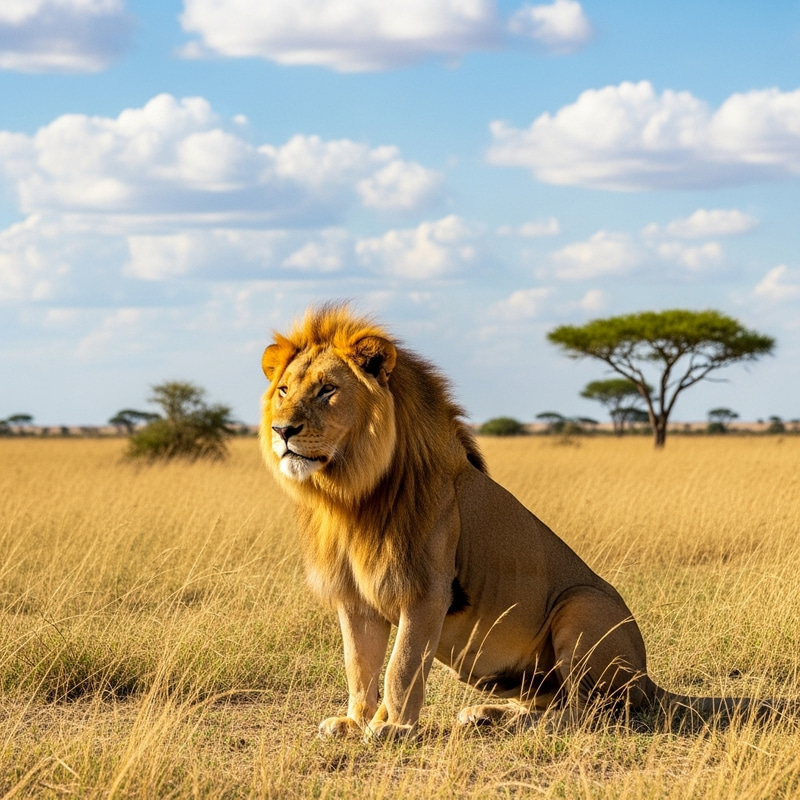 Majestic Lion in Sunlit Savannah - Capturing Nature's Beauty and Power Majestic Lion in Sunlit Savannah - Capturing Nature's Beauty and Power