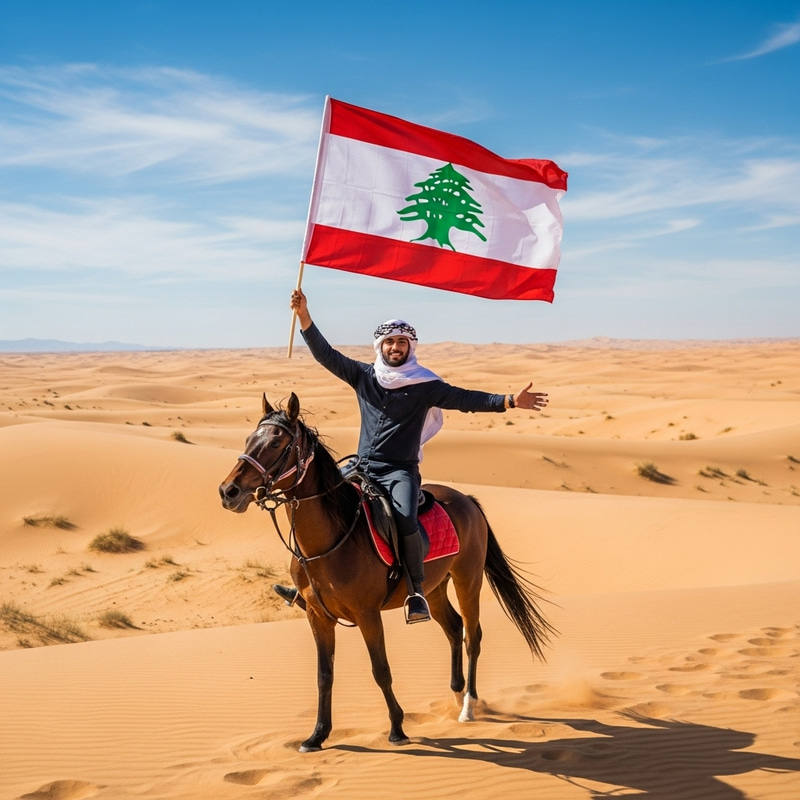 Lebanon Desert Horse Riding | Man Holding Flag in Desert Lebanon Desert Horse Riding | Man Holding Flag in Desert