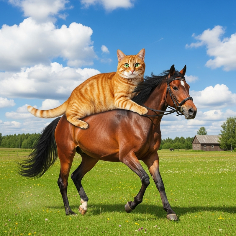 Orange Cat Sitting on Horse in Grassy Field