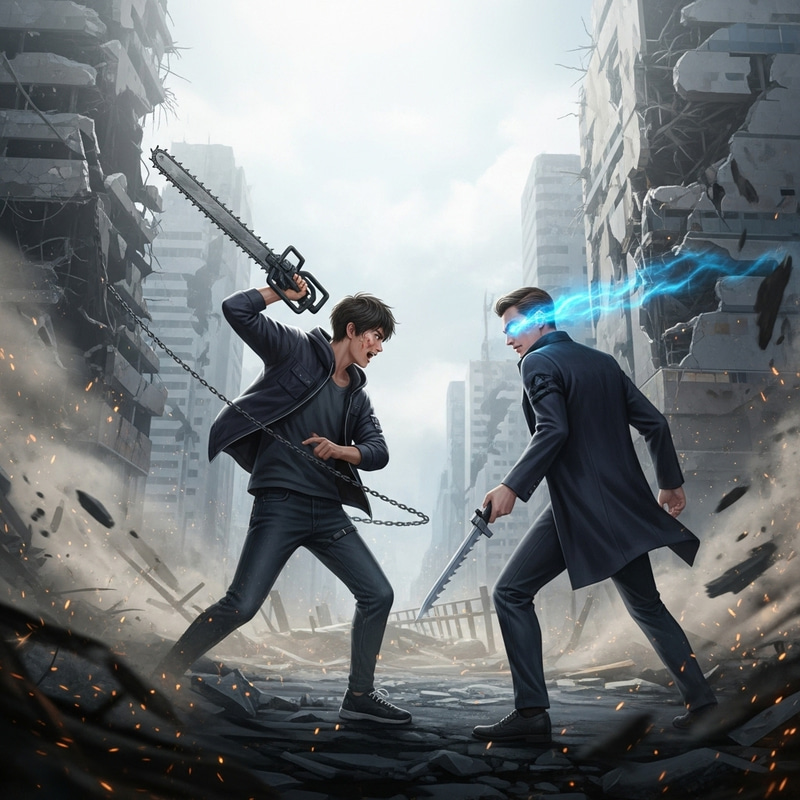 Intense Battle: Denji vs. Satoru Gojo in Modern Ruins Intense Battle: Denji vs. Satoru Gojo in Modern Ruins