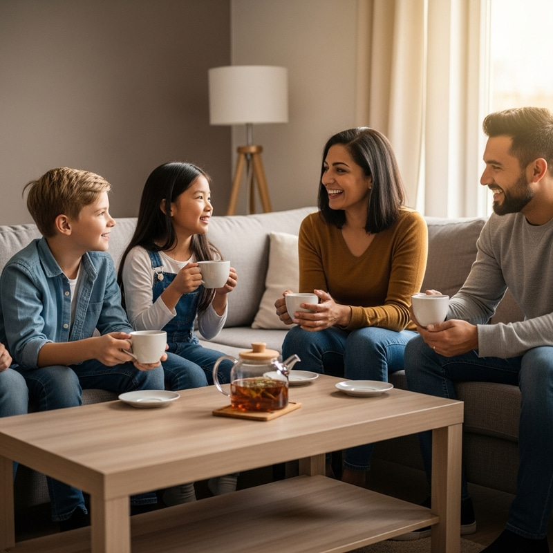 Joyful Tea Party with Kids and Adults on Sofa Joyful Tea Party with Kids and Adults on Sofa