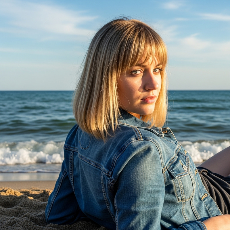 Blonde Woman with Blue Eyes Lying on Beach