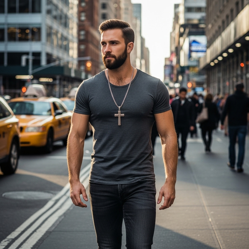 Muscular 24-Year-Old Man with Beard, Hairy Chest, Cross Necklace, Walking in City