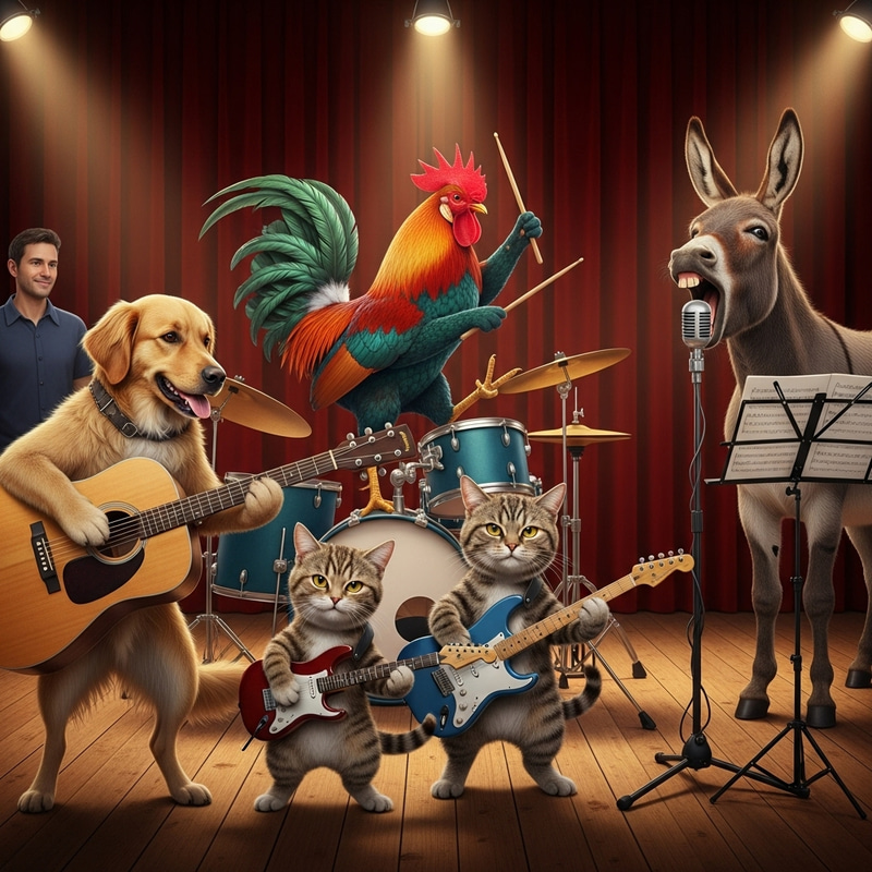 Animal Band Performance: Guitar, Drums, and Song