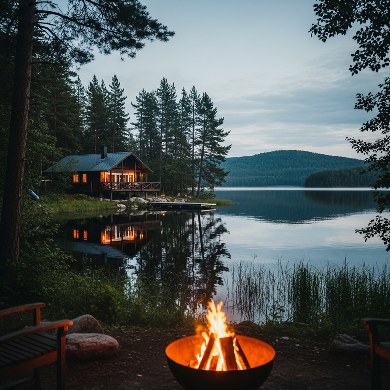 Cozy Cabin by the Lake with Crackling Bonfire