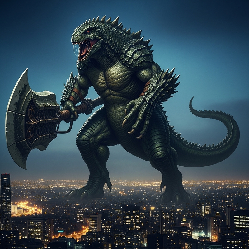 Godzilla wielding a powerful weapon