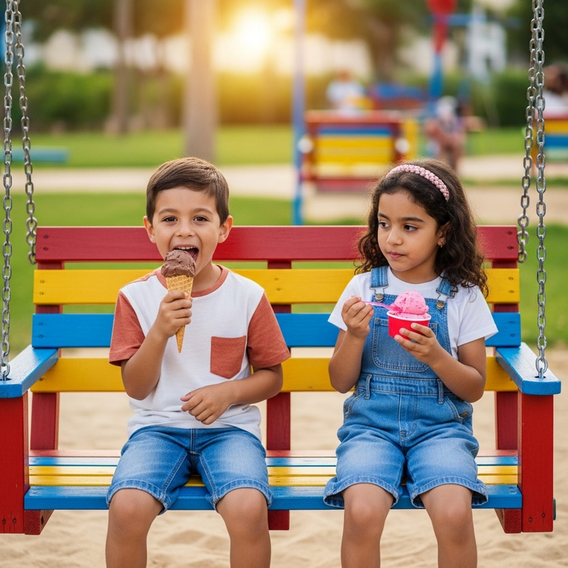 Kids Enjoying Ice Cream on Swing Set in Colorful Park Kids Enjoying Ice Cream on Swing Set in Colorful Park