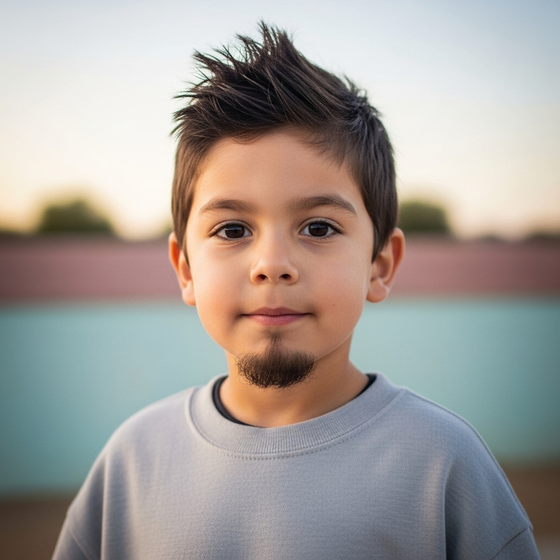 Young Boy with Stubby Beard and Playful Dark Hair