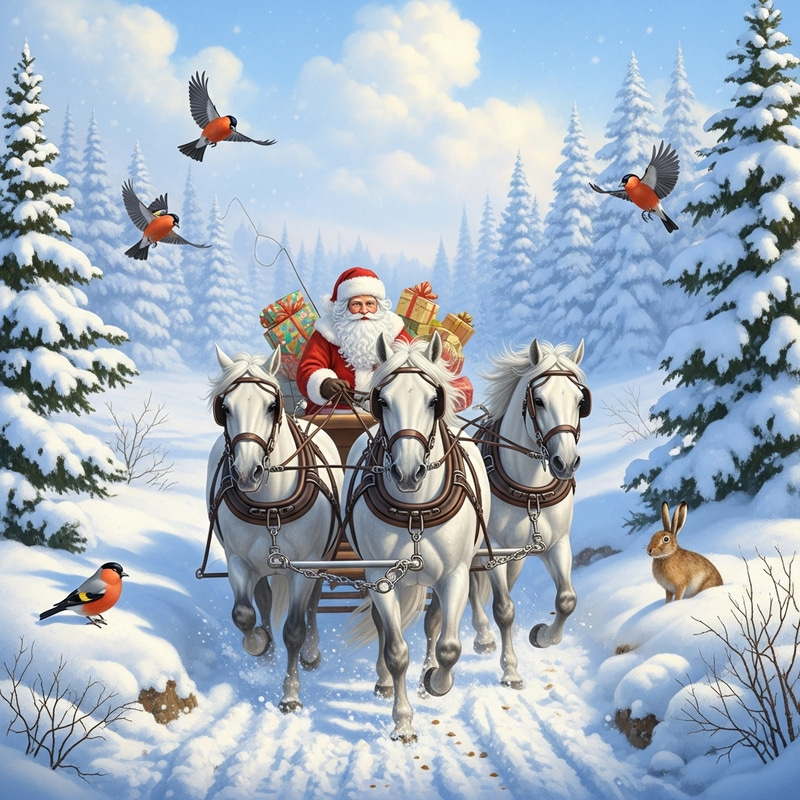 Russian Santa Claus Riding Sleigh Pulled by Three White Horses in Winter Forest