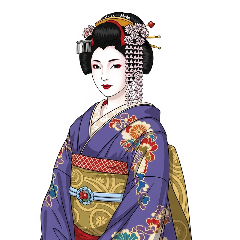 Flamboyant Japanese Geisha Illustration in Traditional Kimono Attire