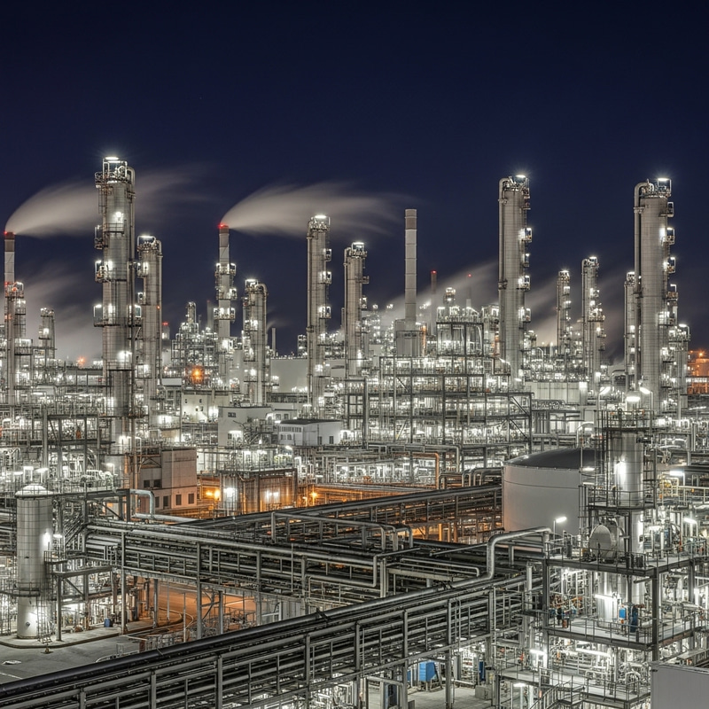 Chemical Plant Night View: Industrial Complex Illuminated