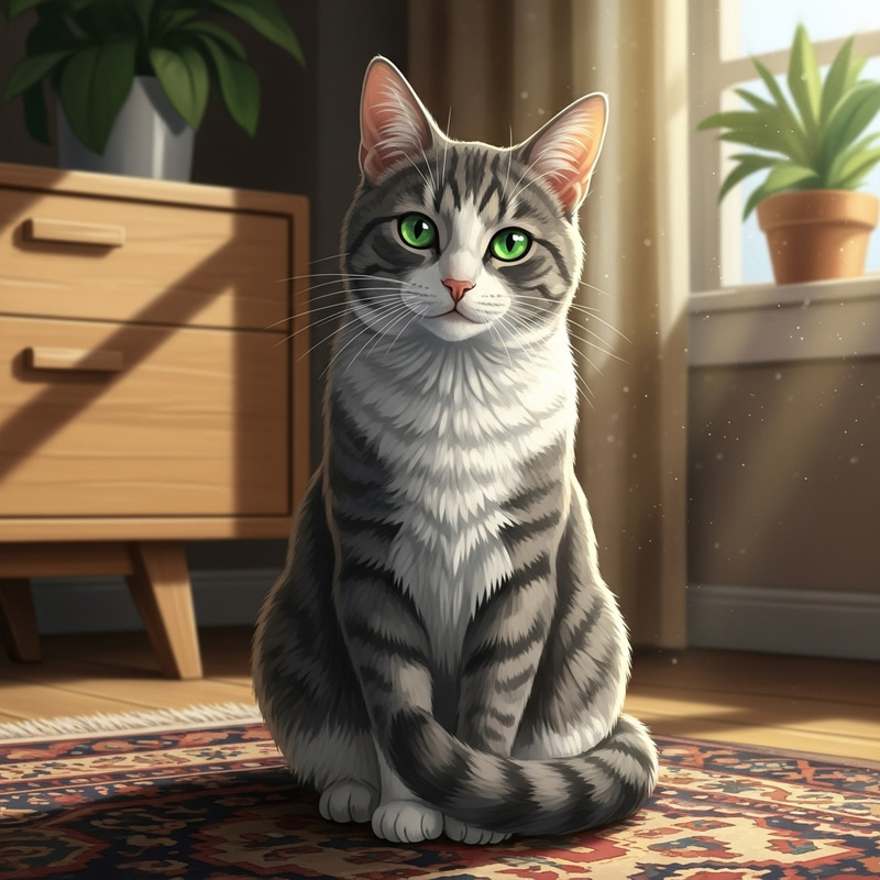 Gray and White Cat on Vintage Rug