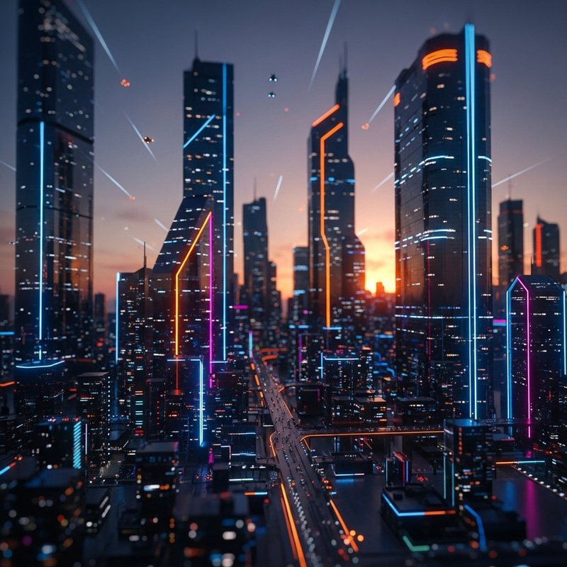 Futuristic Cyberpunk Cityscape - Neon Sunset Tilt-Shift Lens