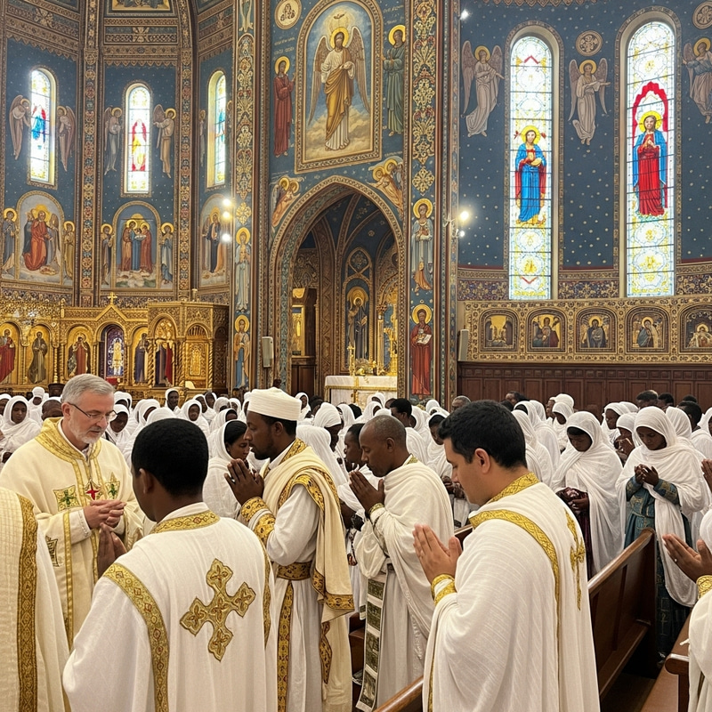 Orthodox Church of Ethiopia Gathering with Diverse Archbishop & Churchgoers