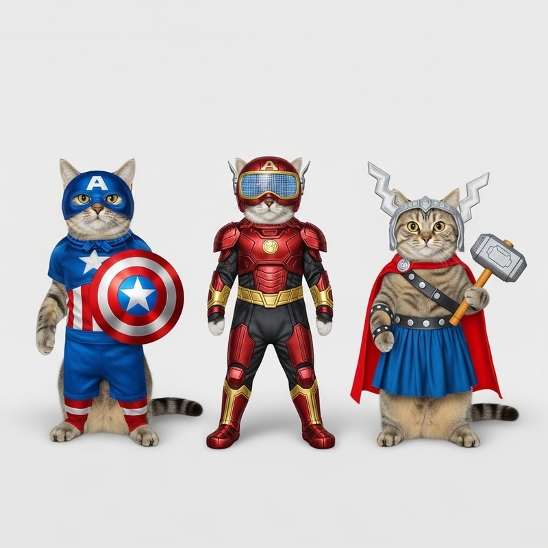 Superhero Cat Costumes: Captain America, Iron Man, Thor