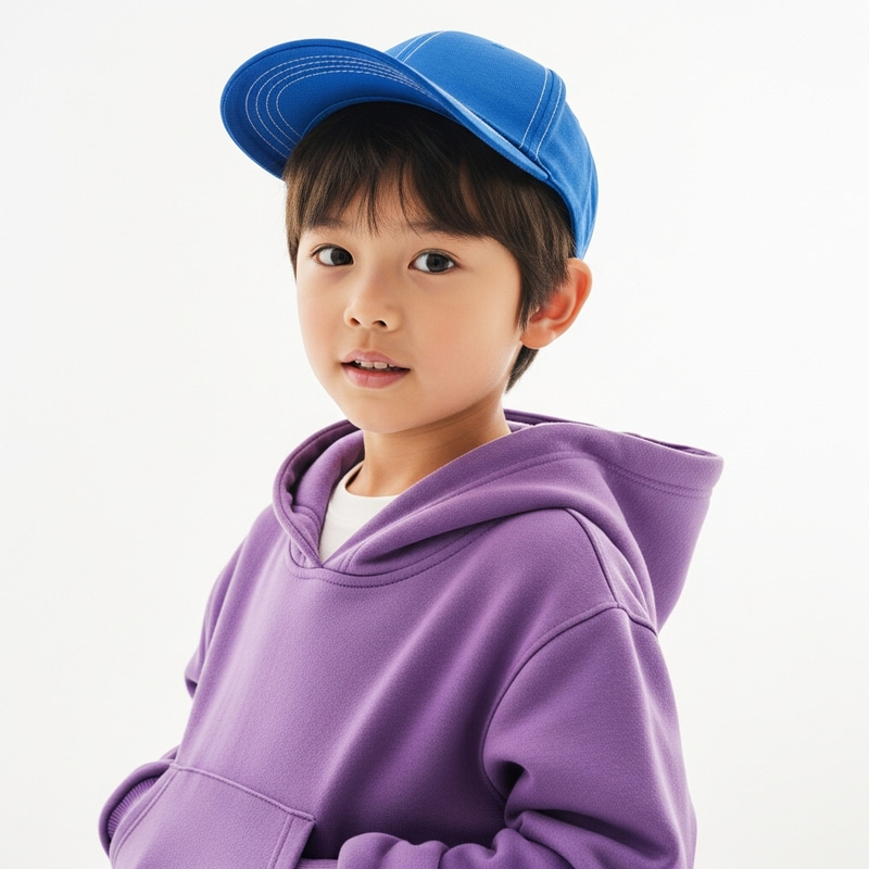 Young Chinese Boy in Blue Cap and Purple Hoodie