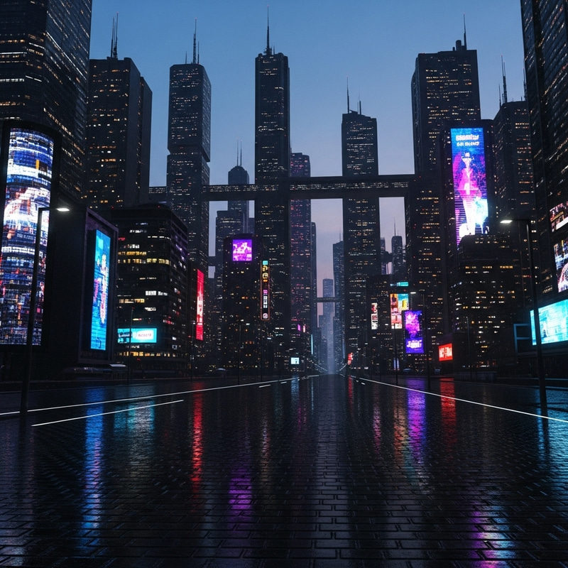 Futuristic Cyberpunk Cityscape - Neon Lights, Skyscrapers, and Twilight Scene Futuristic Cyberpunk Cityscape - Neon Lights, Skyscrapers, and Twilight Scene