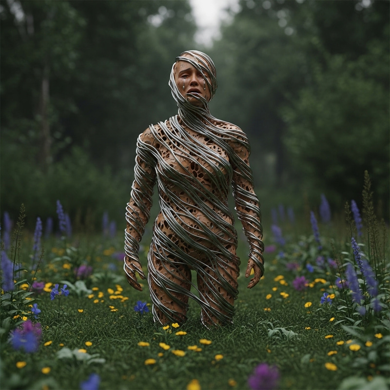 Emotive Humanoid Wrapped in Abstract Material in Nature Emotive Humanoid Wrapped in Abstract Material in Nature