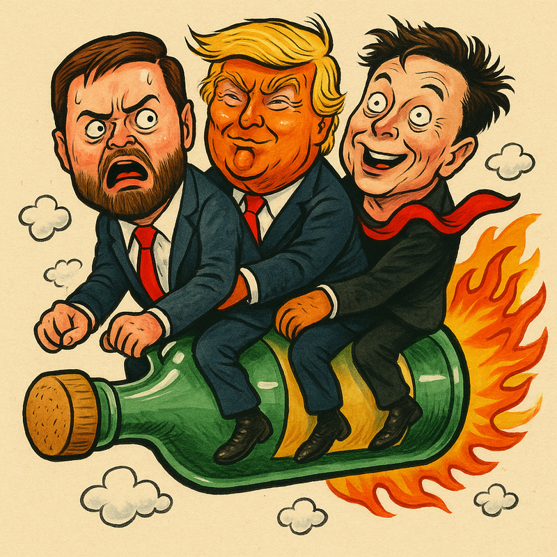 Satirical Bottle Rocket Illustration Featuring Trump, Musk & Vance Satirical Bottle Rocket Illustration Featuring Trump, Musk & Vance