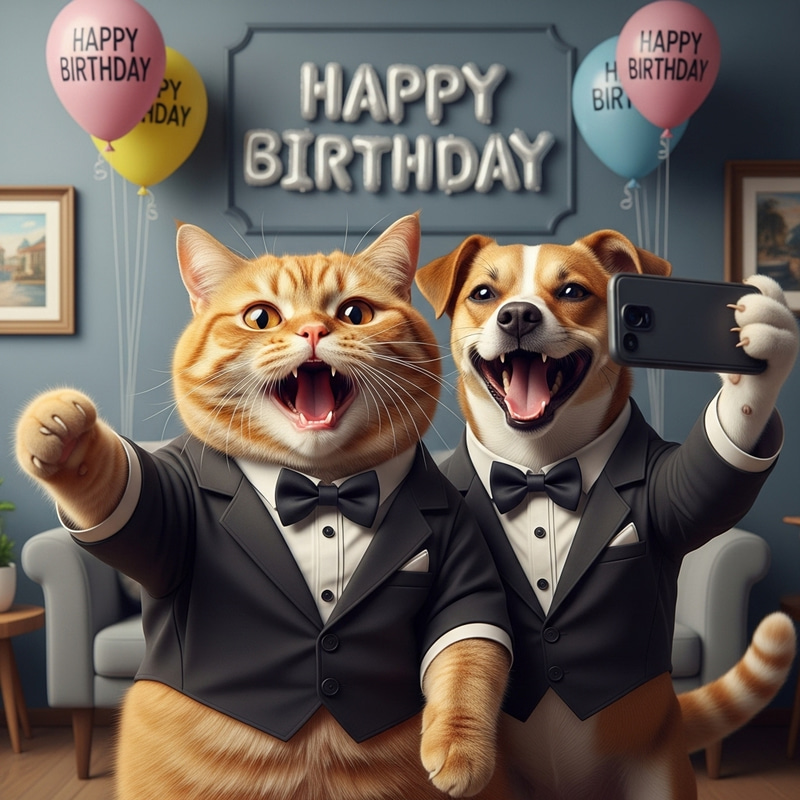 Realistic Cartoon Cat in Tuxedo Taking Selfie with Dog | Birthday Balloons Fun Realistic Cartoon Cat in Tuxedo Taking Selfie with Dog | Birthday Balloons Fun