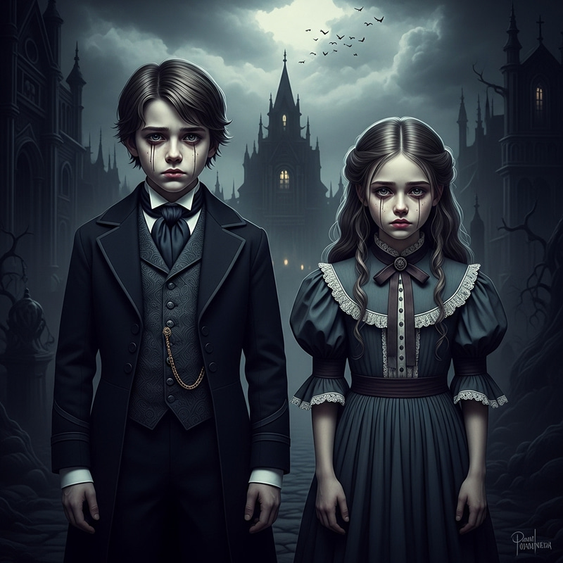 Gothic Style Portrait of Young Boy and Girl - Dark Vampiric Ambiance Gothic Style Portrait of Young Boy and Girl - Dark Vampiric Ambiance