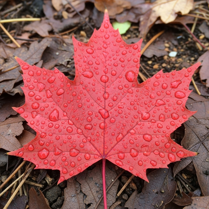 Wet Red Maple Leaf: Autumn Rain's Symmetrical Beauty Wet Red Maple Leaf: Autumn Rain's Symmetrical Beauty