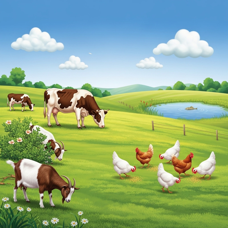 Tranquil Farmland Landscape with Cow, Goat, Hens, and Fish Tranquil Farmland Landscape with Cow, Goat, Hens, and Fish
