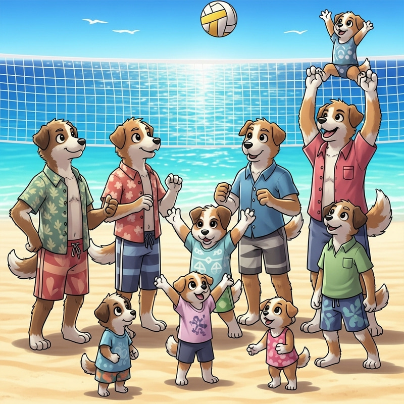 Dog and Puppies Beach Day Fun | Vibrant Volleyball Game
