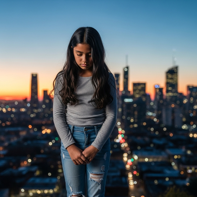 Sad girl standing in cityscape at dusk in torn light blue jeans