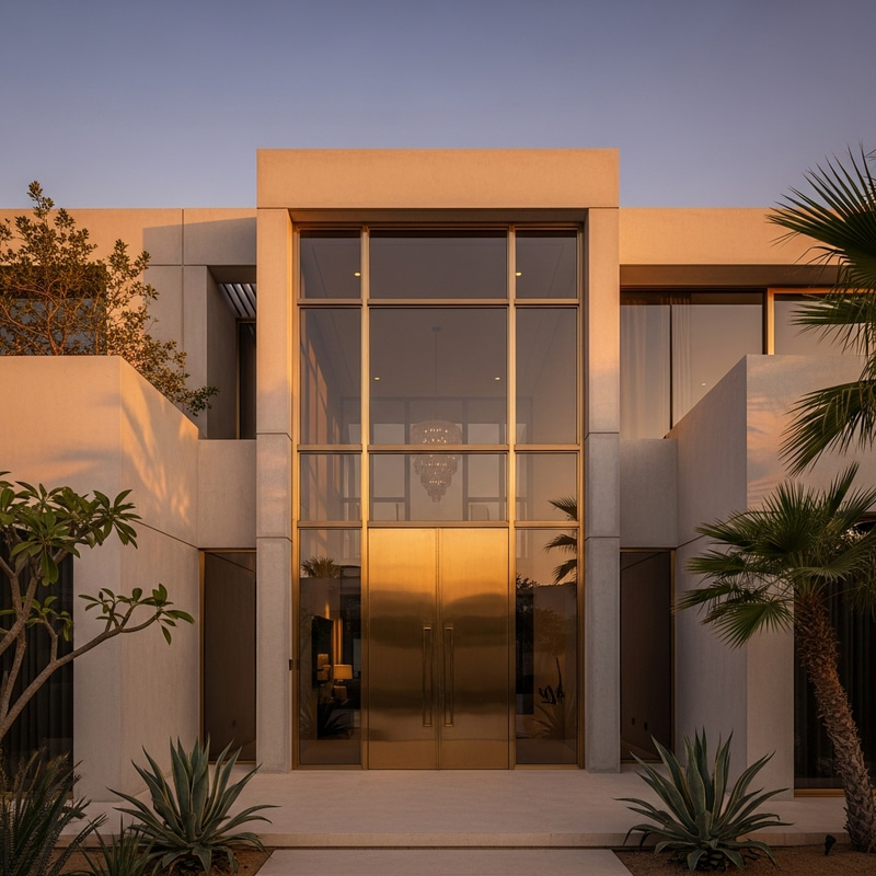 Detailed Frontal View of Massive Two-Story Brass and Smoked Glass Pivot Door in Dubai Villa Detailed Frontal View of Massive Two-Story Brass and Smoked Glass Pivot Door in Dubai Villa
