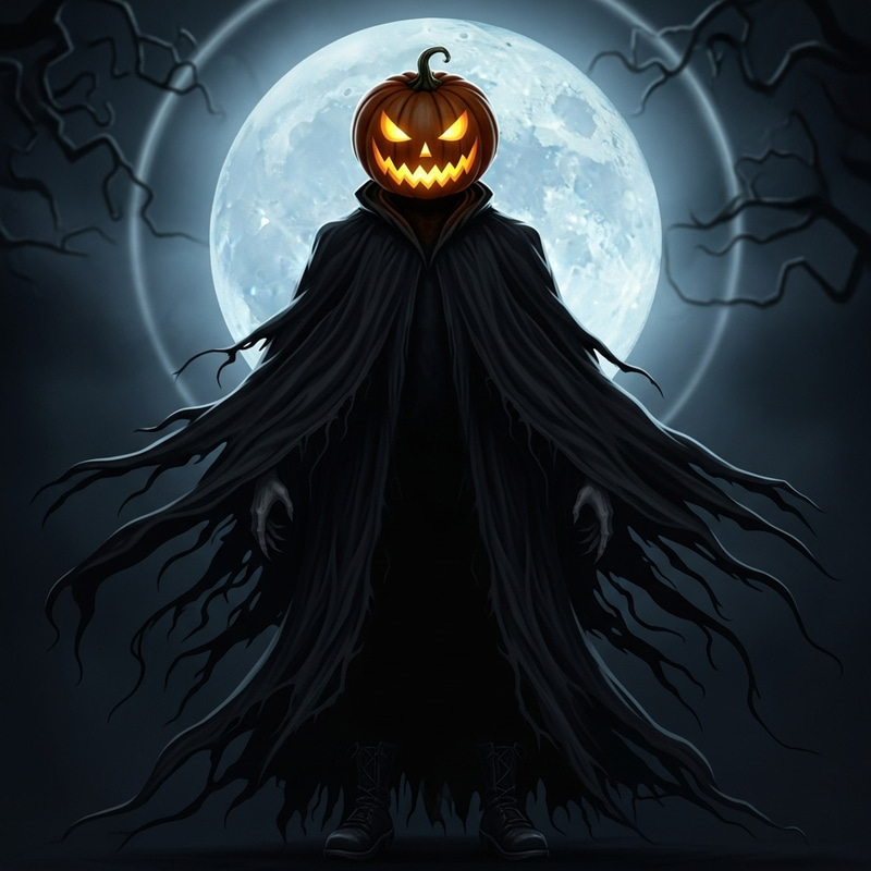 Pumpkin Headed Figure in Grim Reaper Outfit Under Full Moon