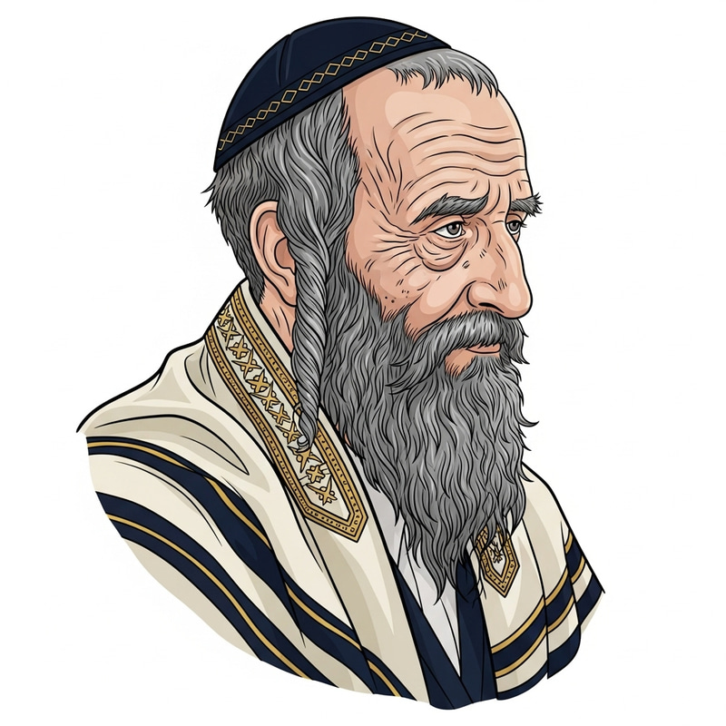Elderly Rabbi Profile with Gray Long Beard, Kippah & Tallit
