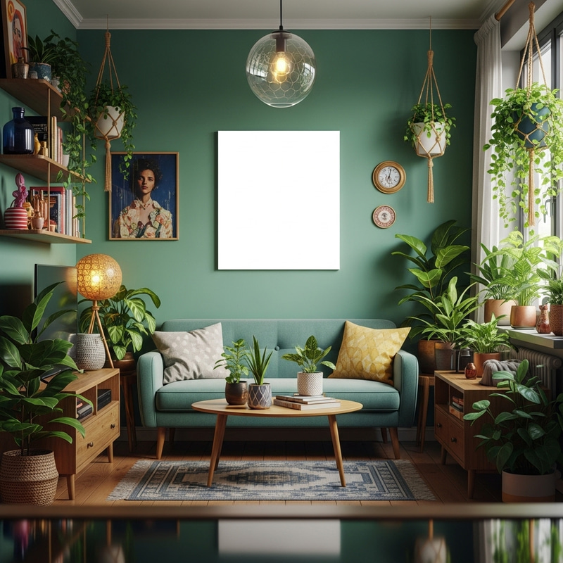 Artsy Living Room with Houseplants and Eclectic Decor | Poster on Main Wall