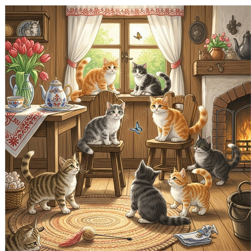 Charming Cats: A Playful and Folklore-Inspired Scene
