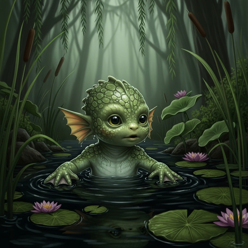 Baby Creature in Enchanting Dimly Lit Lagoon Baby Creature in Enchanting Dimly Lit Lagoon