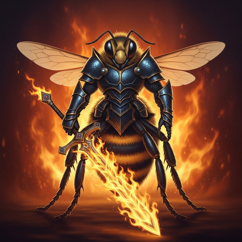 Majestic Bee Warrior with Flame-Sword