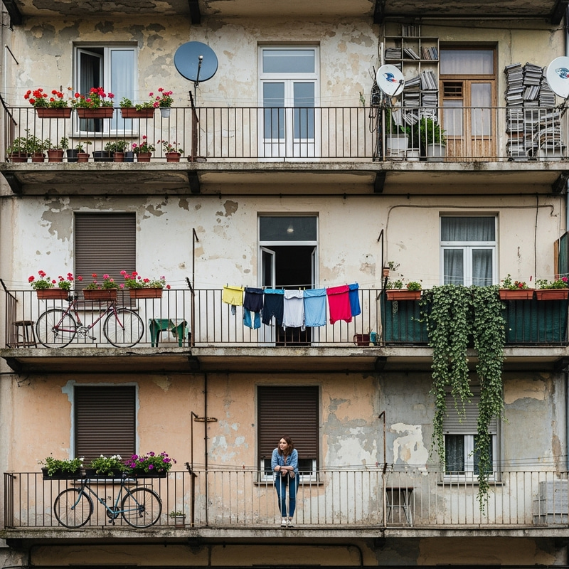 Charming Urban Apartment Building Facade with Balconies Charming Urban Apartment Building Facade with Balconies