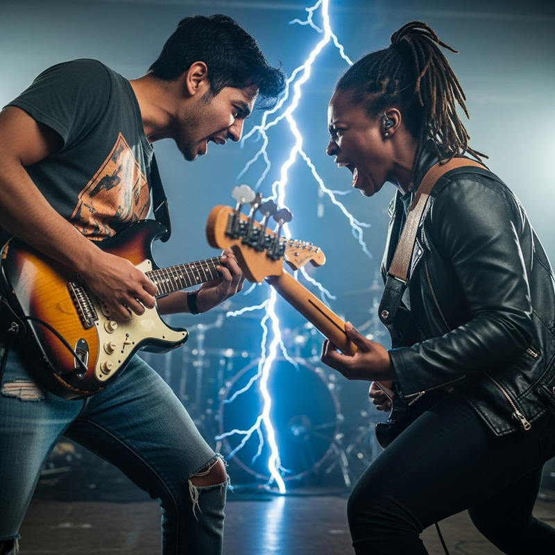 Dynamic Confrontation: Diverse Rock Musicians in Electrifying Clash Dynamic Confrontation: Diverse Rock Musicians in Electrifying Clash