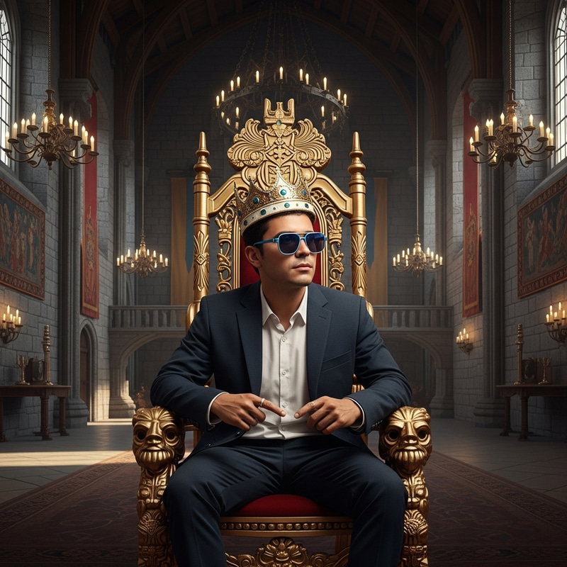 Young King in Blue Sunglasses on Royal Throne Young King in Blue Sunglasses on Royal Throne