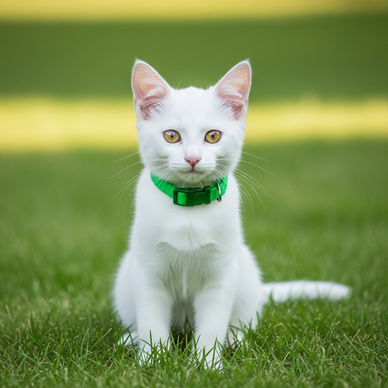Cute White Kitten with Yellow Eyes in Grass | Green Collar Cute White Kitten with Yellow Eyes in Grass | Green Collar