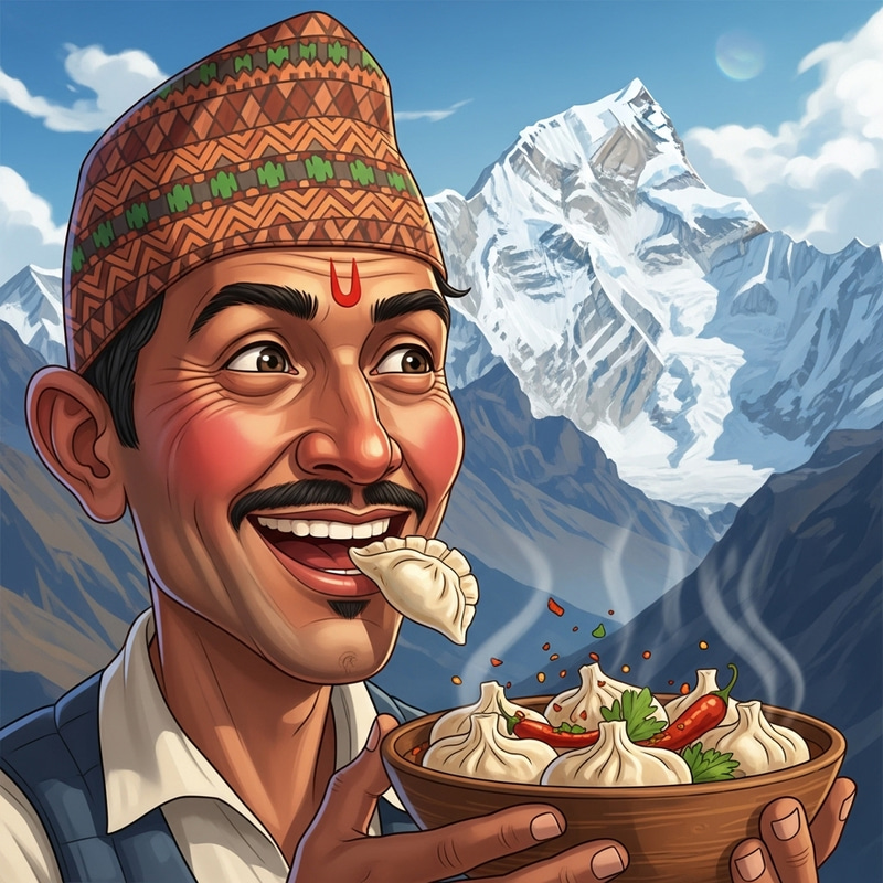 Smiling Nepali Man enjoying local Nepali cuisine with Himalayan backdrop Smiling Nepali Man enjoying local Nepali cuisine with Himalayan backdrop