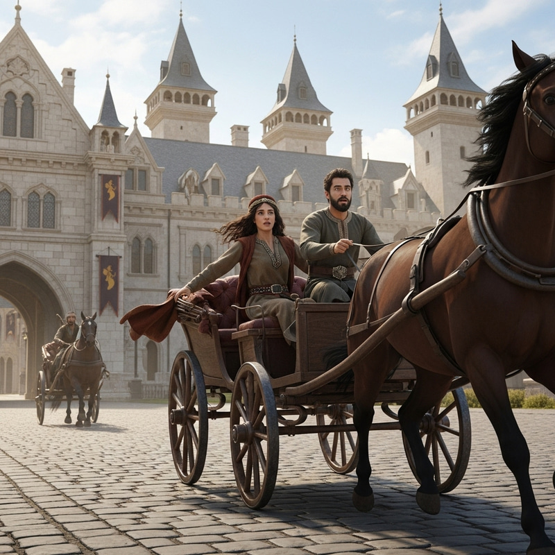 Man and Woman Escape on Horse-Drawn Carriage from Medieval Palace